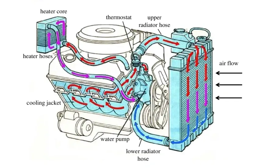 a diagram of a typical automotive engine cooling system showing fluid flow