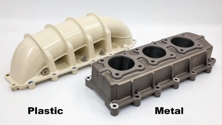 comparison of a modern composite plastic intake manifold and an old cast iron manifold